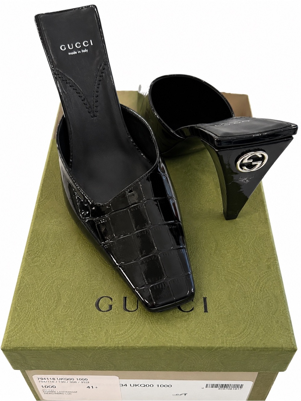 Gucci Black Patent Croc-Embossed Square Toe Mules with Logo Heel
